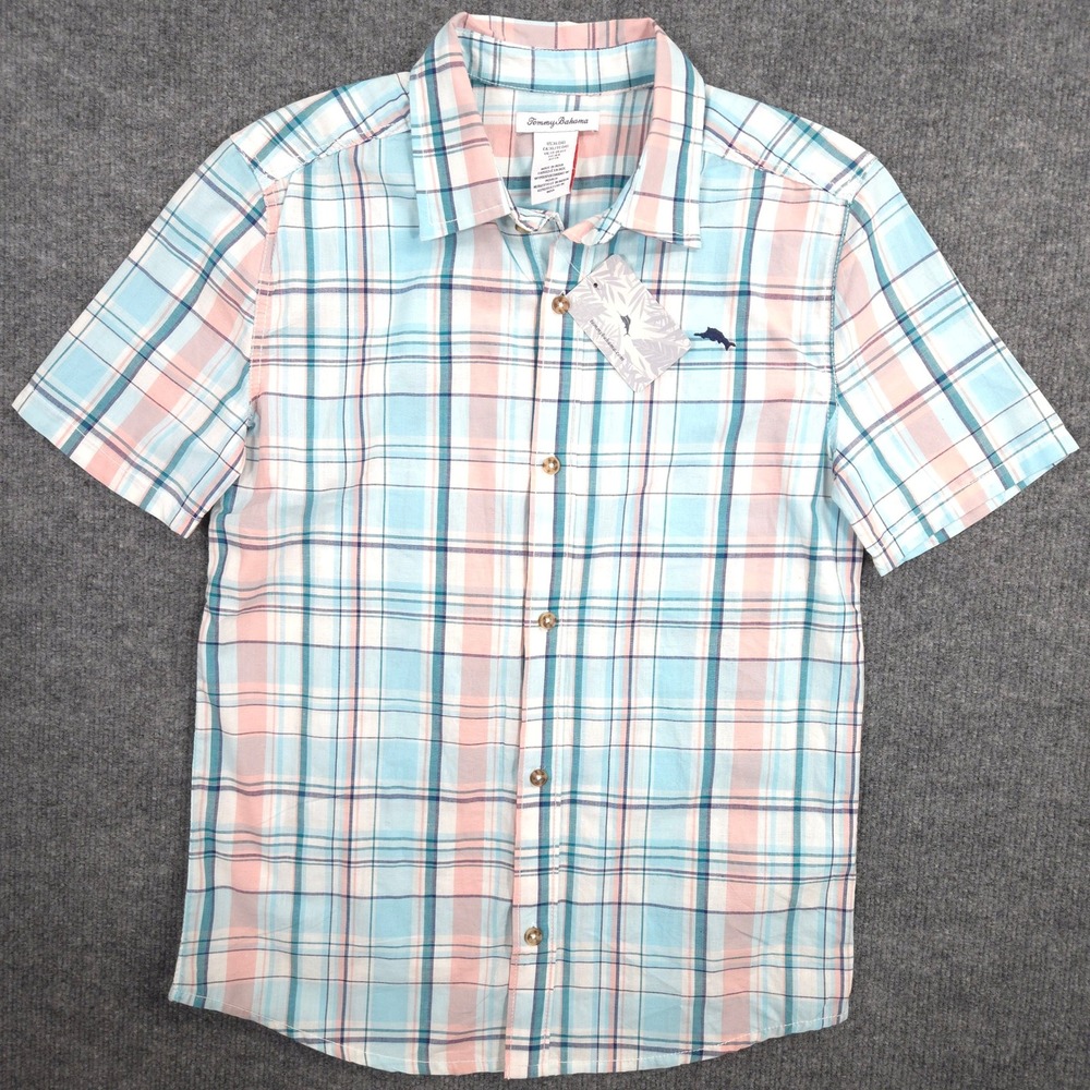 Tommy Bahama Shirt Boys XL (14) Blue Pink Plaid Marlin Short Sleeve Preppy NEW